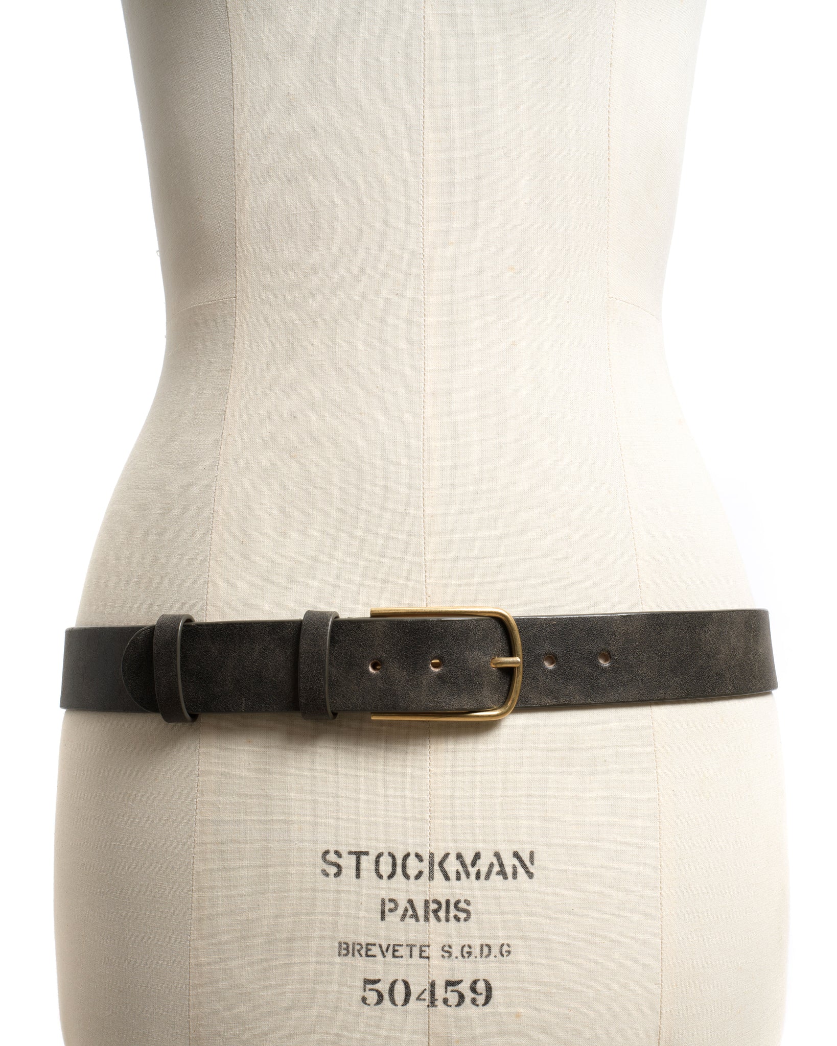 Whane simple unisex leather belt Distressed vegetable tanned calf Off black & gold buckle