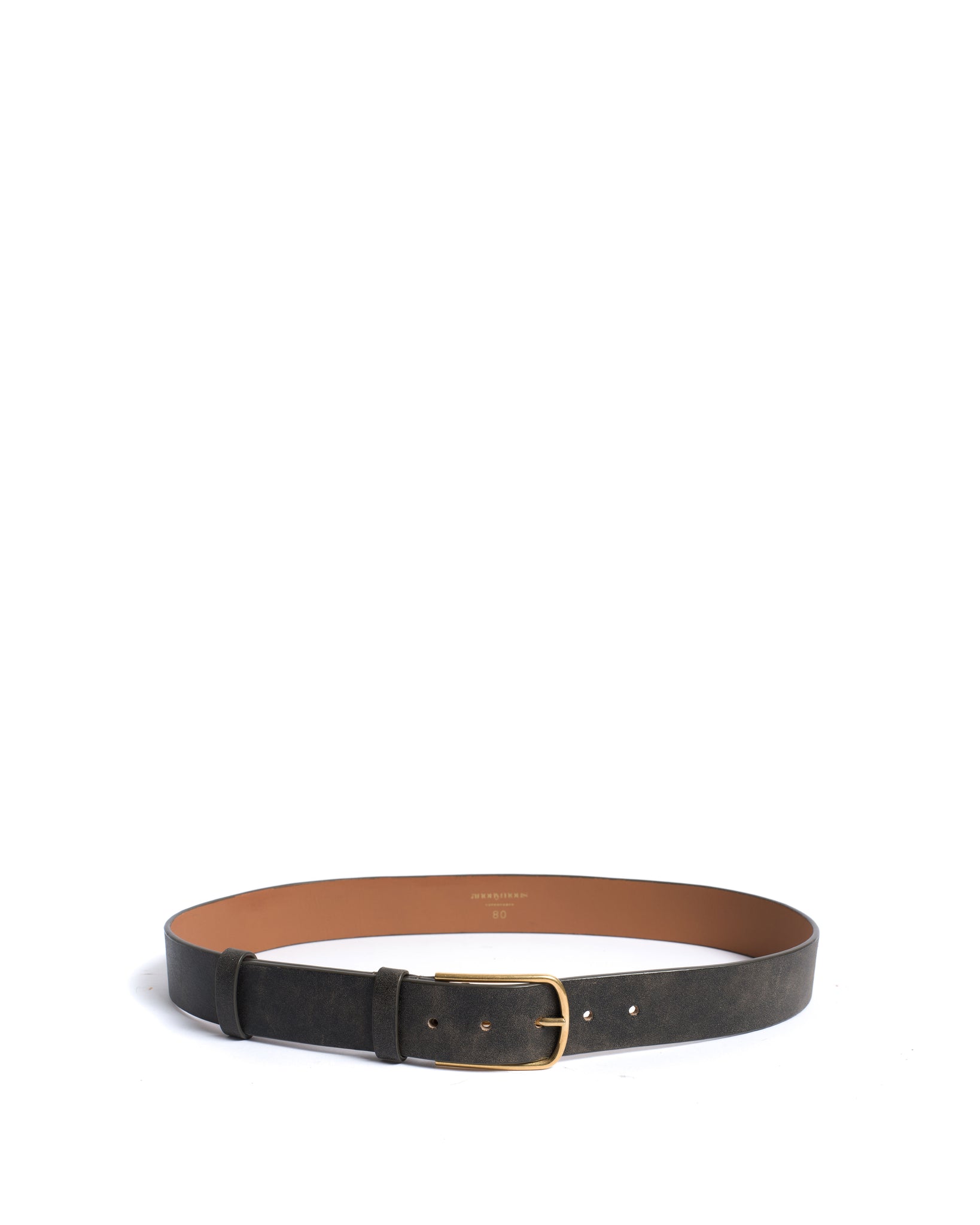 Whane simple unisex leather belt Distressed vegetable tanned calf Off black & gold buckle